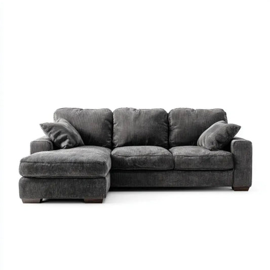 Grafitowa sofa narożna z lewostronnym szezlongiem, sztruksowa, 250 × 160 × 90 cm, kształt L