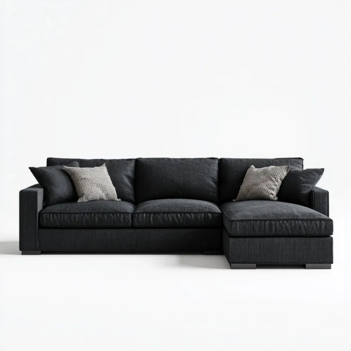 Czarna sofa narożna w kształcie L z prawostronnym szezlongiem z tkaniny poliestrowej, 280 x 170 x 85 cm