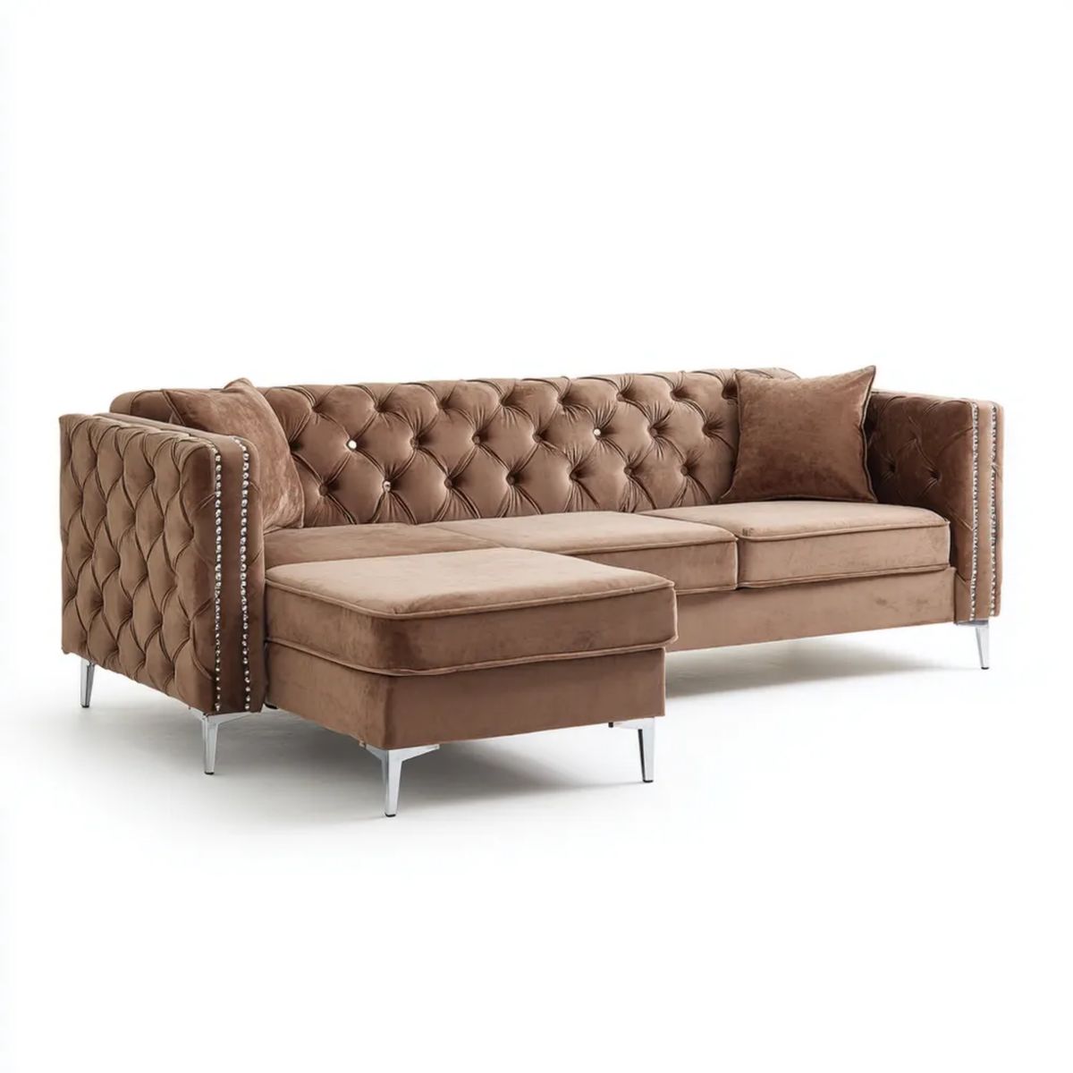 Brązowa sofa narożna z aksamitu z lewostronnym szezlongiem 260 x 160 x 85 cm